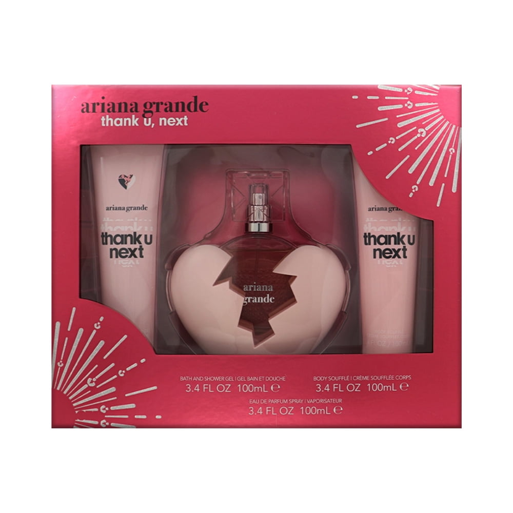 ARIANA GRANDE THANK U NEXT 3 PCS SET FOR WOMEN: 3.4 EAU DE PARFUM SPRAY + 3.4 BATH AND SHOWER GEL + 3.4 BODY SOUFFLE