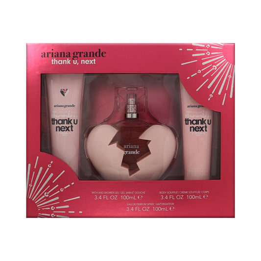 ARIANA GRANDE THANK U NEXT 3 PCS SET FOR WOMEN: 3.4 EAU DE PARFUM SPRAY + 3.4 BATH AND SHOWER GEL + 3.4 BODY SOUFFLE