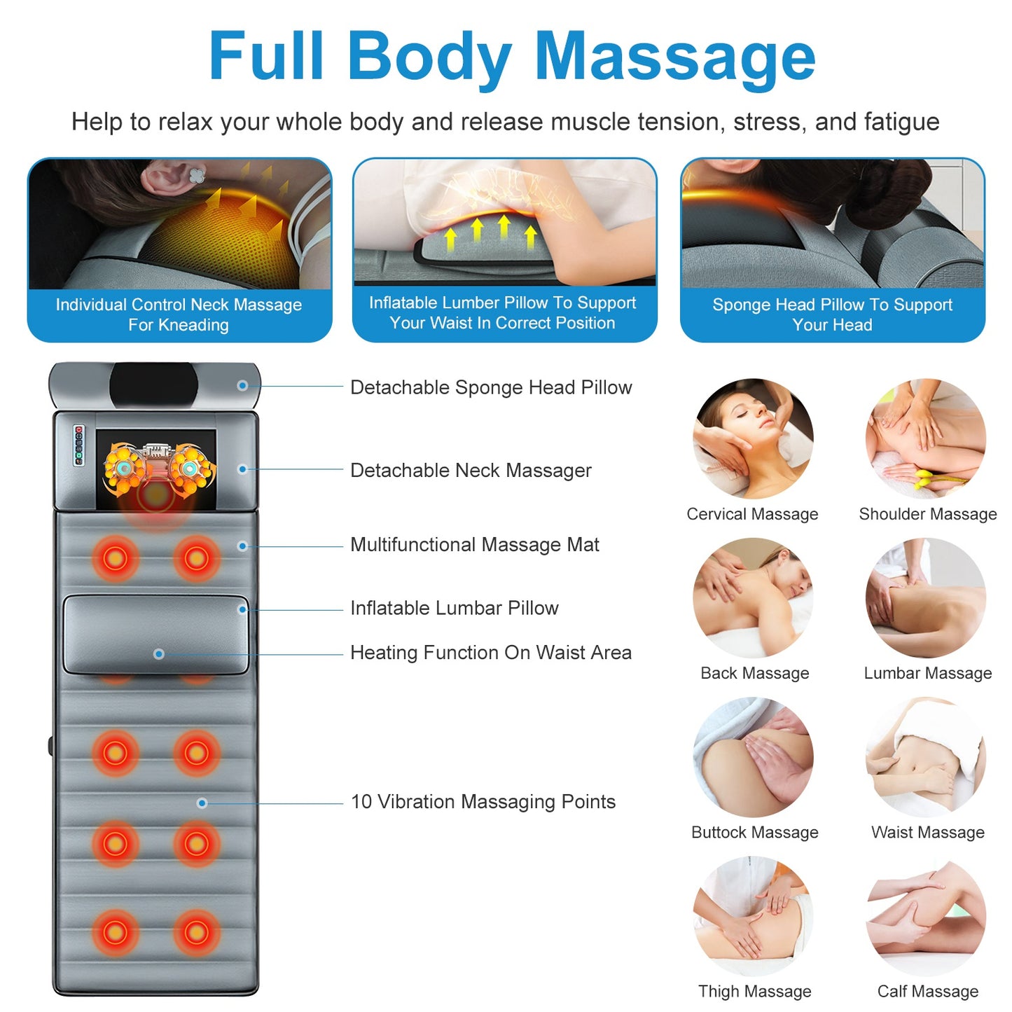 Advanced Version Full Body Electric Massage Mat With Heat Vibration Massage Pad Cushion With Neck Massager Lumbar Pillow With 10 Vibration Motors 3 Timers Anti-Slip Bottom Earplugs