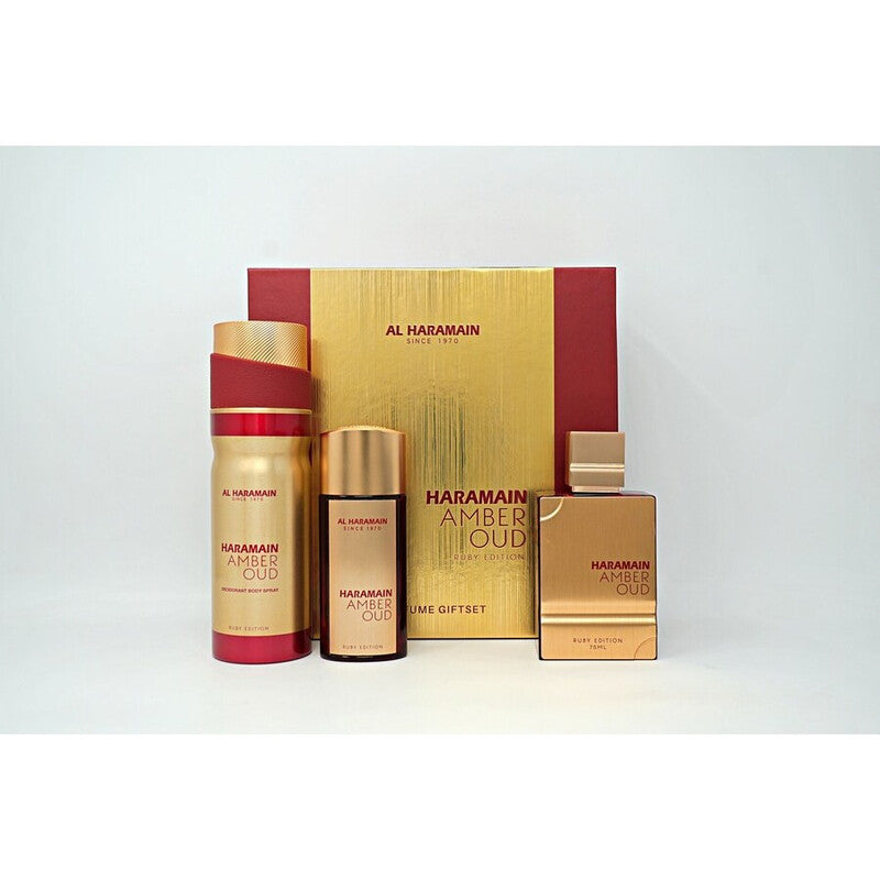 Al Haramain Amber Oud Ruby 3 Pcs. Gift Set: 2.5Oz EDP Spray 1.0Oz EDP Spray 6.6Oz Body Spray For Men And Women