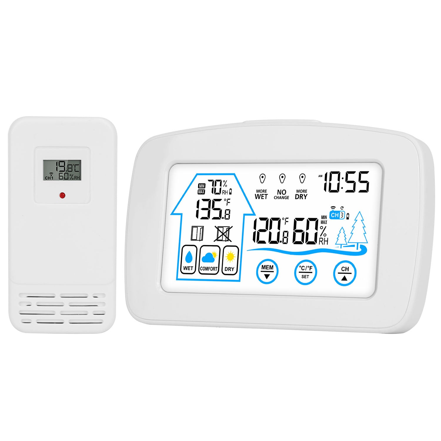 Wireless Weather Station With Clock 196FT Range Indoor Outdoor Thermometer Sensor Temperature and Humidity Monitor Humidity Forecast Battery Powered B