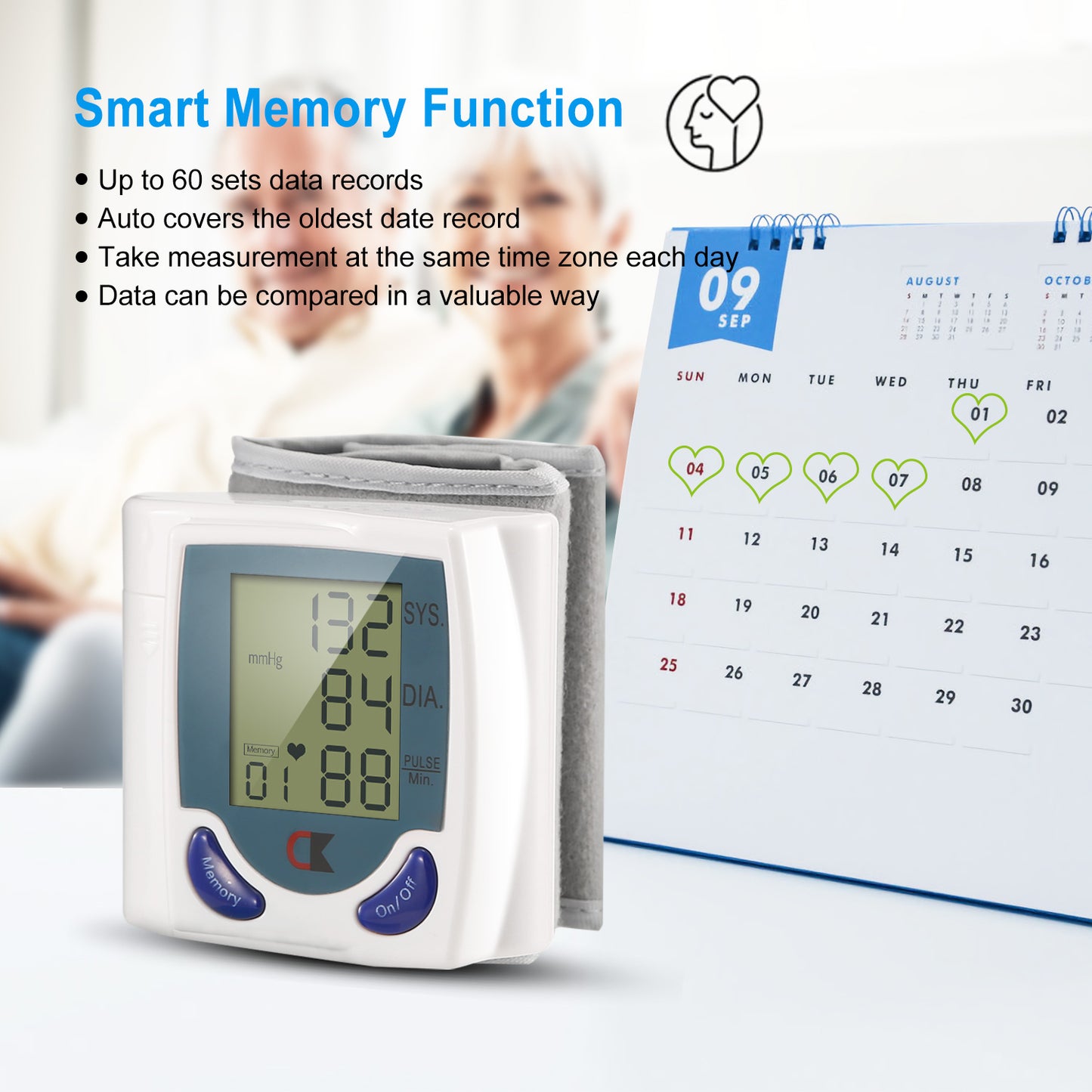1Pc Blood Pressure Monitor Wrist Digital High Blood Pressure Cuff Heartbeat Tester With 60 Reading Memory 1.8 Inches LCD Screen Storage Box