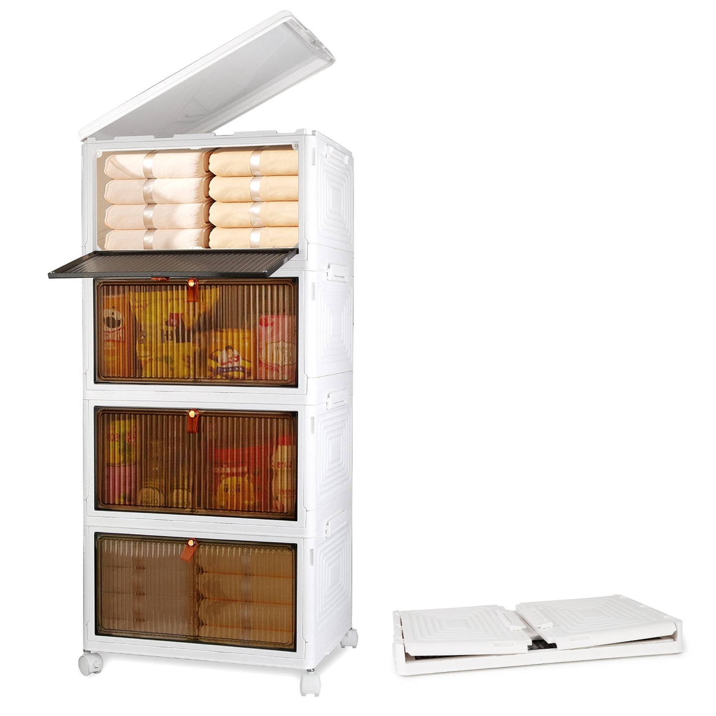 4-Tier Foldable Storage Bins with Lid Front Magnetic Door Collapsible Stackable Closet Organizer Containers with 4Pcs 360° Rotatable Wheels