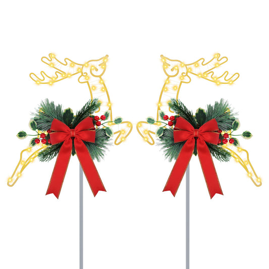 2Pcs Christmas Lighted Reindeer Decoration LED Pathway Stake Lights Battery Powered for Outdoor Garden Lawn Porch Front Door Patio Holiday Decor