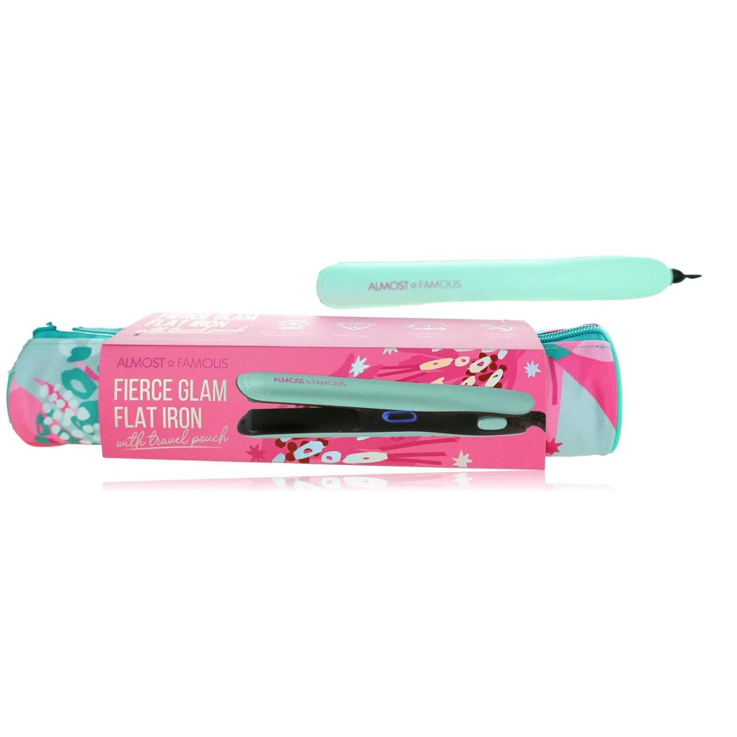 Fierce Glam, Flat Iron With Travel Pouch -Turquoise