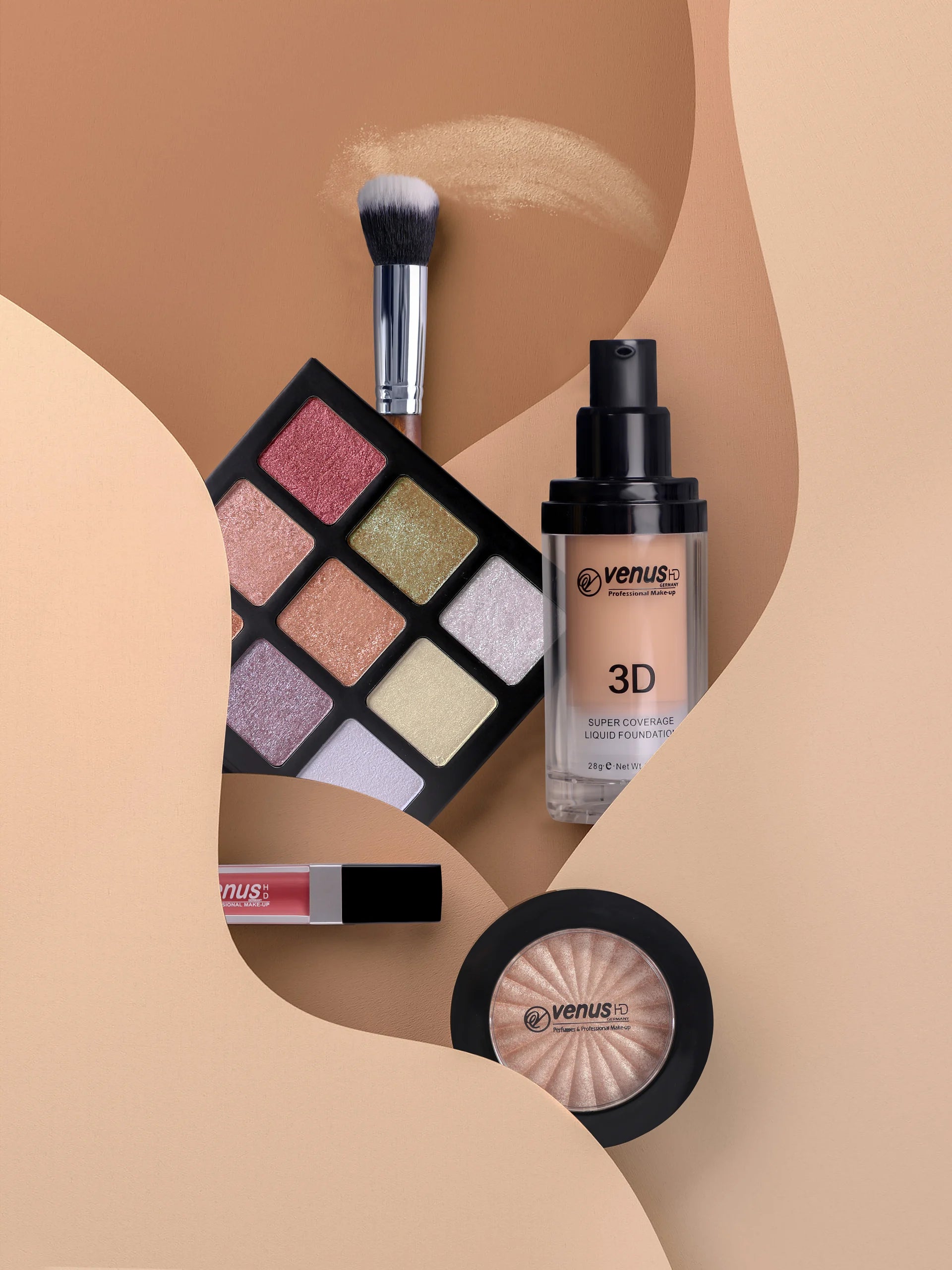 Makeup products including a palette, brush, and bottles on a beige background