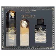 Lattafa Badee Al Oud For Glory 3 Pc Set: 3.4 EDP Spray + 6.8 Deodorant Spray + Hair Mist For Men